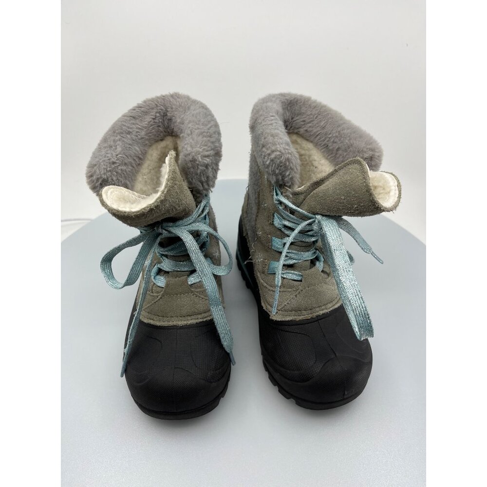 Kid's Snow Boots Suede Tan & Icy Blue Snowflakes Kid Size13